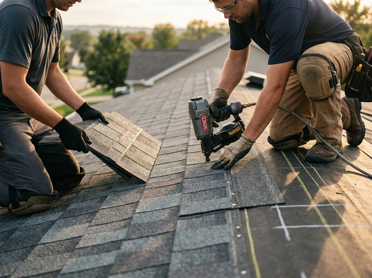 Professional roofer working on a residential roof in Fruita